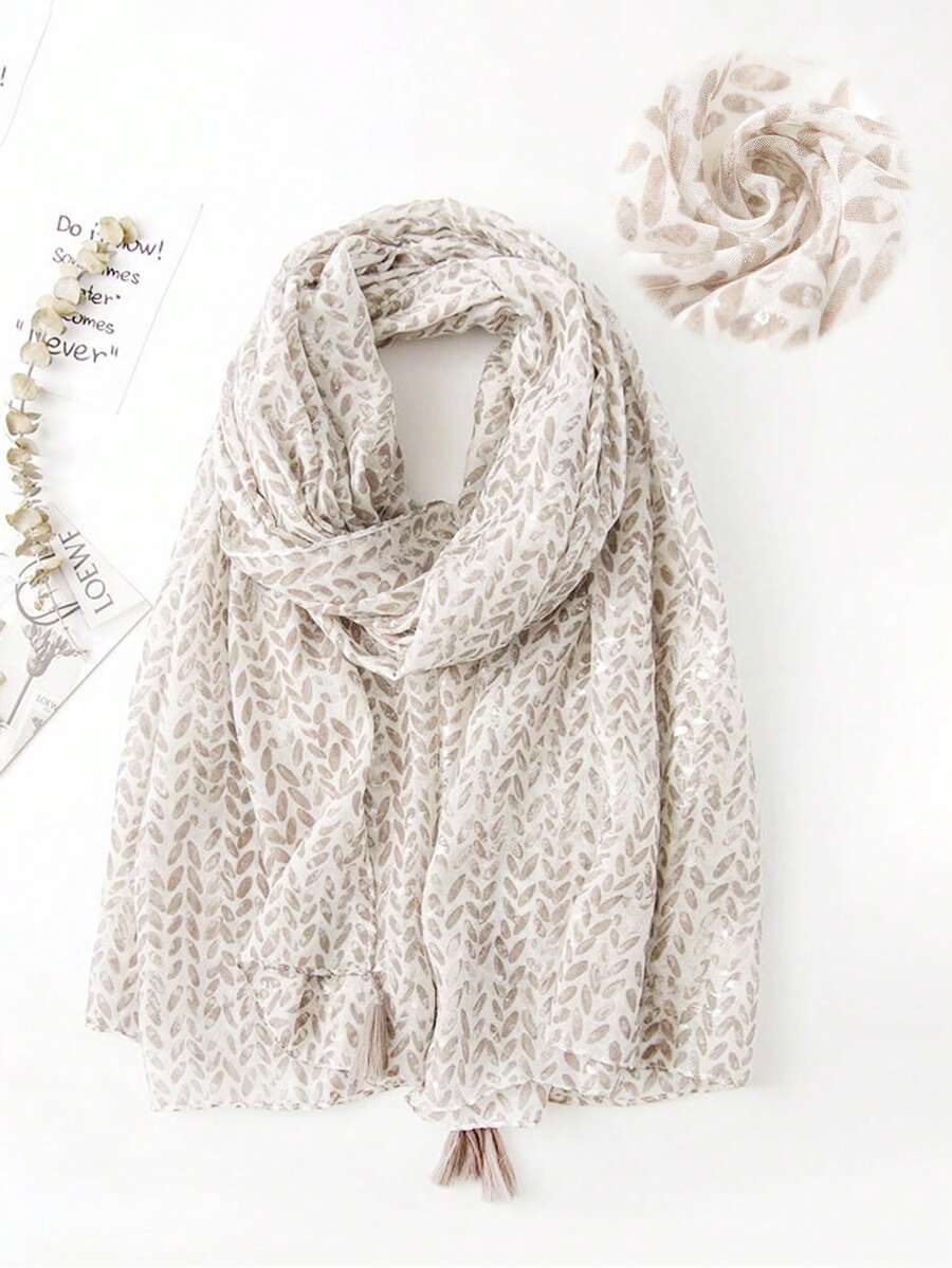 1件装女士时尚优雅羽毛叶子图案轻盈流苏围巾/头巾，适合约会、日常穿着、派对、旅行、度假、外出等场合。 - 彩色 - 查看 1