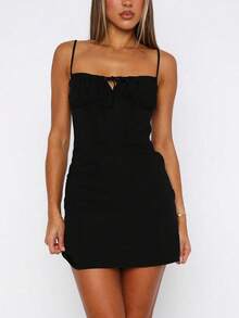 Vestido mini elegante y versátil de encaje con espalda descubierta y tirantes ajustables, adecuado para usar en primavera/verano y vacaciones. Color: Negro - Negro - Ver 5