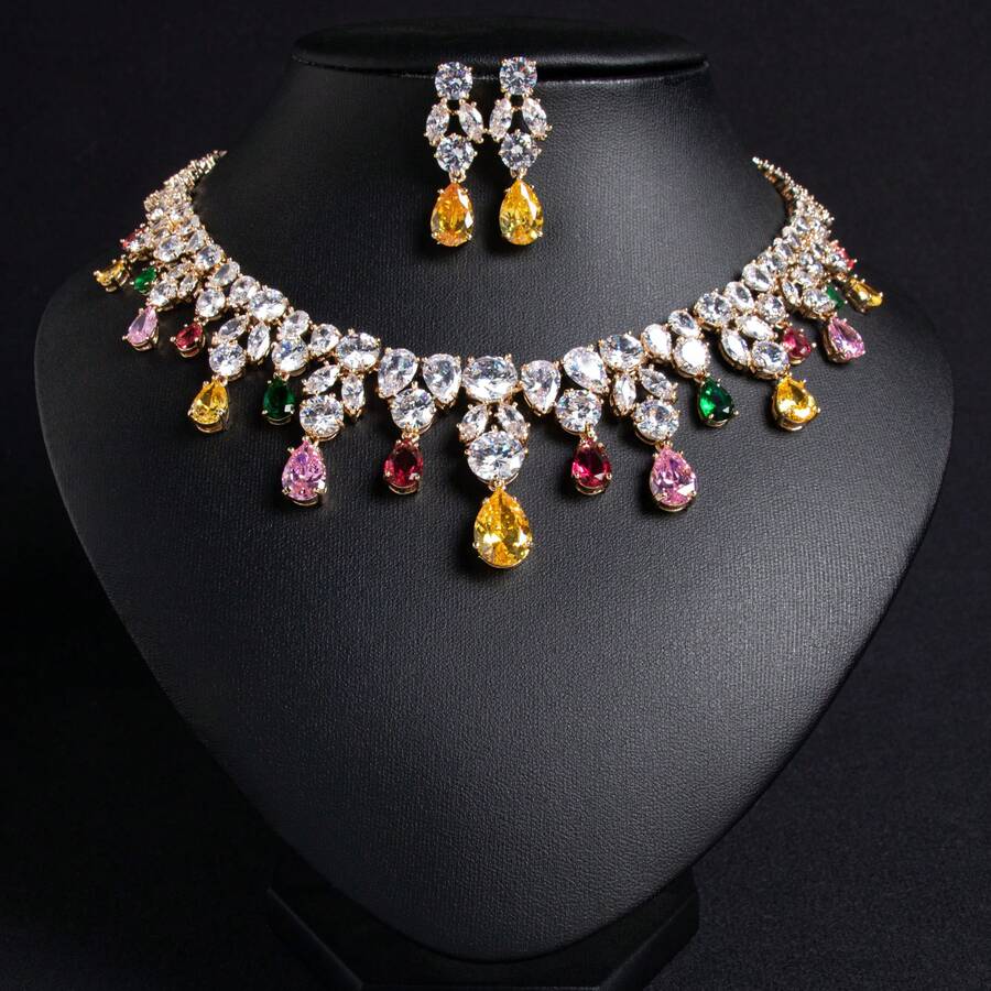 3 pièces/Set Ensemble de bijoux, options multicolores, Ensemble de bijoux pour femmes, Accessoires, Ensemble d'accessoires, Collier en diamant, Pendentif, Bijoux, Collier, Boucles d'oreilles, Gland, Larme, Ensemble de bijoux, Bijoux pour femmes, Mariage, Accessoires de mariage, Convient pour les femmes/mariées/demoiselles d'honneur/fêtes/mariages/banquets, Cadeau de la Saint-Valentin