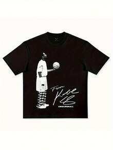 Autumn New Arrival Basketball Player Graphic Black Cotton Short Sleeve T-Shirt.Suitable For Spring And Summer Wear, T-Shirt Is A Casual And Chicy Short-Sleeved Top.Suitable For Spring And Summer Wear, T-Shirt Is A Casual And Chicy Short-Sleeved Top - 黑色 - 查看 1