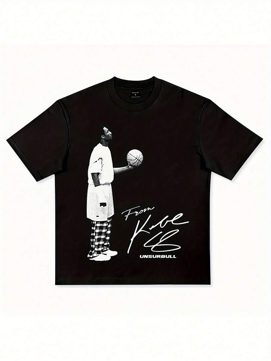Autumn New Arrival Basketball Player Graphic Black Cotton Short Sleeve T-Shirt.Suitable For Spring And Summer Wear, T-Shirt Is A Casual And Chicy Short-Sleeved Top.Suitable For Spring And Summer Wear, T-Shirt Is A Casual And Chicy Short-Sleeved Top - 黑色 - 查看 1