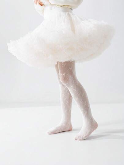 1pc Girls' Spring/Summer Hollow Breathable Pantyhose, Adorned With Cute Bow Design, Fashionable Casual Comfortable Tight Leggings, Soft Lightweight Mesh Stockings In Beige, Suitable For Daily Wear, Weddings, Holidays, Dance Performances