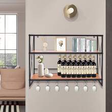 YUNRUX Industrial Wine Racks Wand montiert mit 7  Glashalter, rustikales Metall hängende Weinhalter Wein Zubehör, 3-Ebene Wand Flaschenhalter Glashalter, Holz Regale Wandregal - A - Übersicht 5