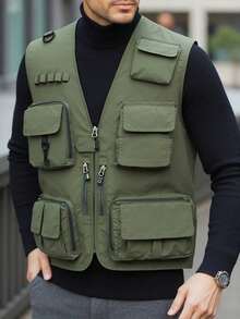 男士户外多功能背心 - 多口袋战术钓鱼徒步旅行无袖夹克，加大码轻便摄影背心，休闲夏季多口袋网眼背心 - 軍綠色 - 查看 5