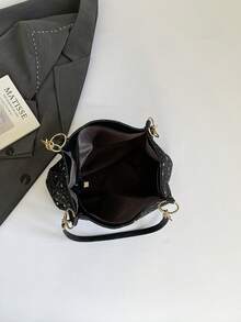 时尚条纹手提包 - 女士大容量单肩包 - 拉链托特包，适合日常使用 - 简约链条单肩托特包，适合青少年女孩、大学生、职场新人及白领，完美适用于办公室、工作、商务、通勤，闪亮亮片图案，是女士最佳工作包之选。 - 黑色 - 查看 7