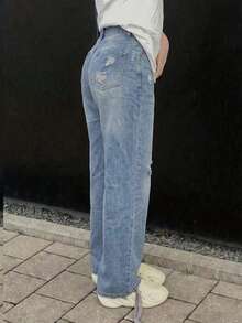 女士休闲长款破洞直筒牛仔裤，浅蓝色牛仔布，无弹力宽松款式 - 藍色 - 查看 4