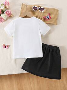 两件套少女休闲校园风多巴胺套装，可爱蝴蝶结字母印花圆领短袖白色T恤搭配蝴蝶结印花黑色迷你裙，春夏款 - 彩色 - 查看 3