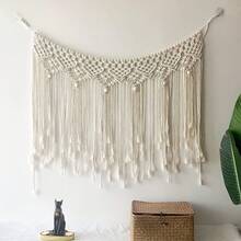 1 pieza Colgante de pared de macramé, tapiz de arte de fibra de estilo bohemio, decoración de pared con flecos, tejido a mano para sala de estar, dormitorio, cabecera - Blanco - Ver 8