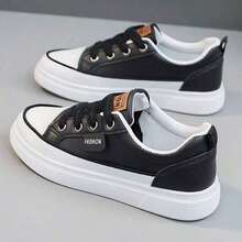 Women's White Low-Top Sneakers - Soft EVA/PVC Sole Slip-On Casual Shoes, Breathable Synthetic Cover, All-Season Comfort Skateboarding, Running & Casual Attire, Skate Shoes, Sleek Shoe Design, Durable Traction Footwear - Black - View 3