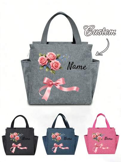 Bolso de mano personalizado con lazo de rosa para mujer - Bolsa de almuerzo aislada con cremallera suave, diseñada para comidas frescas en la oficina y los viajes, esta bolsa de tela personalizada es perfecta para viajes, compras, regalos y recuerdos de fiesta