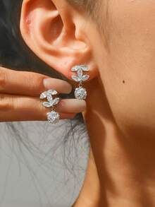 1 Pair Elegant Copper Earrings With Micro-Inlaid Zirconia Beads, Fashionable And Luxurious, Suitable For Women's Weddings, Parties And Events - Silver - View 1