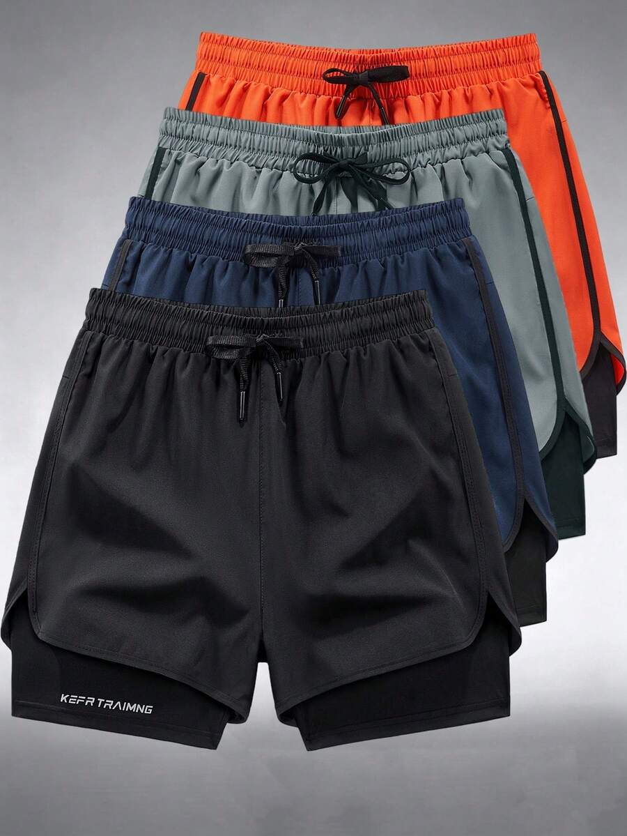 1 chiếc quần short thể thao nam dài 3/4, có lớp lót bên trong, kiểu dáng boyfriend, nhanh khô, phù hợp cho tập luyện mùa xuân/hè và đi làm. - màu đen - Xem 1