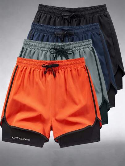 1 chiếc quần short thể thao nam dài 3/4, có lớp lót bên trong, kiểu dáng boyfriend, nhanh khô, phù hợp cho tập luyện thể dục và đi lại vào mùa xuân/hè.