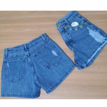 Casual Party Denim Shorts With Zipper, Button Closure, Floral Pockets, And Summer Vacation Print. - Xanh đậm - Xem 4