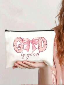 1pc Personalized "GOOD" Gold Foil Print Canvas Cosmetic Bag, Featuring "GOOD" Print Design To Encourage Yourself And Friends, Simple And Fashionable Design, Zipper Closure, Foldable, Lightweight And Durable, Fade-Resistant, Machine Washable, Ideal As Bridesmaid, Teacher And Best Friend Gift, Also A Must-Have Travel Organizer For Back To School And Summer Beach Trips. - Multicolor - View 1