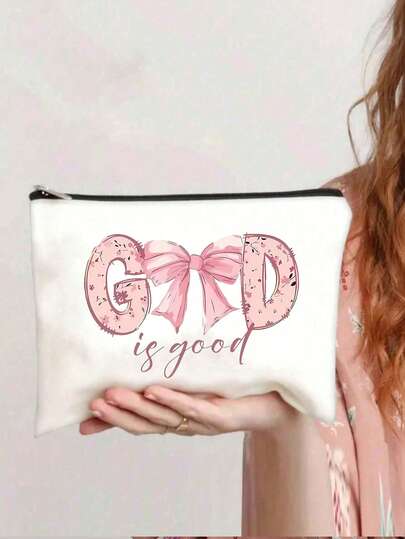 1pc Personalized "GOOD" Gold Foil Print Canvas Cosmetic Bag, Featuring "GOOD" Print Design To Encourage Yourself And Friends, Simple And Fashionable Design, Zipper Closure, Foldable, Lightweight And Durable, Fade-Resistant, Machine Washable, Ideal As Bridesmaid, Teacher And Best Friend Gift, Also A Must-Have Travel Organizer For Back To School And Summer Beach Trips.