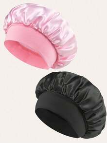 1pc/2pcs Silk Sleep Cap, Satin Sleep Hat, Soft Elastic Silk Hair Bonnet, Suitable For Curly Hair (Black And Pink) - Multicolor - View 3