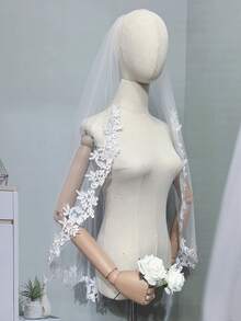 1件优雅单层蕾丝贴花新娘头纱，带梳子，及膝长度，柔软薄纱蕾丝头纱，适合婚礼配饰和秋季女装 - 白色 - 查看 6