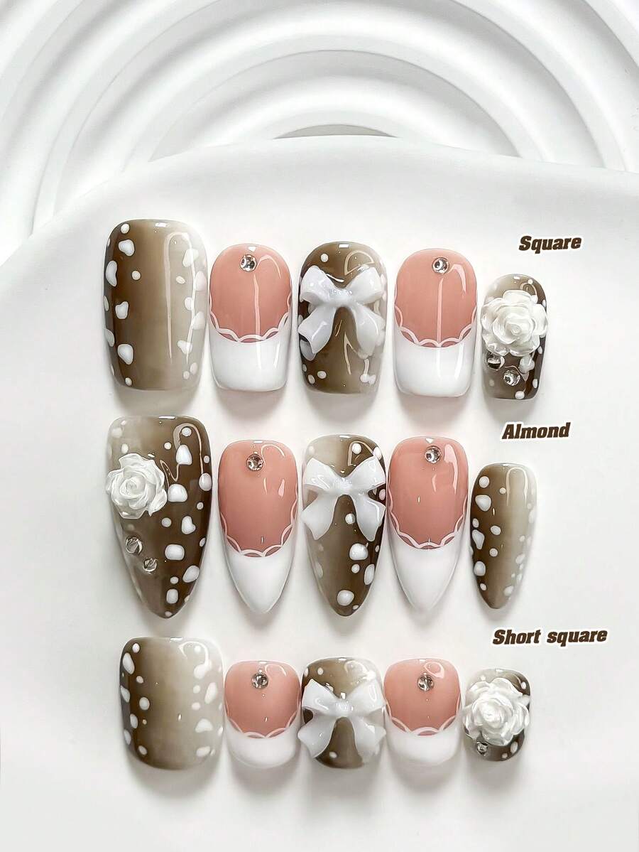 10件套优雅公主风波点美甲套装，包含3D白色玫瑰、白色蝴蝶结美甲装饰、手绘白色豹纹、裸棕色底油、白色蕾丝花边、白色指甲油，精致优雅的手工按压式美甲贴片。 - 彩色 - 查看 1