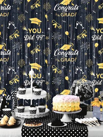 2026届毕业季黑色金箔幕布背景，祝贺毕业生毕业派对装饰，毕业典礼拍照背景，黑色金色毕业派对装饰