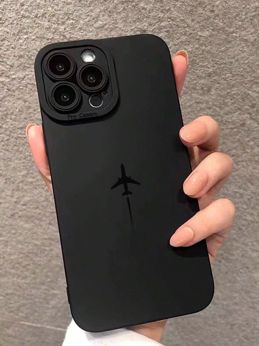 1pc Black Airplane Painted Scratch-Resistant Phone Case Compatible With IPhone, Galaxy,International Version, Not The Domestic Version - Multicolor - View 1