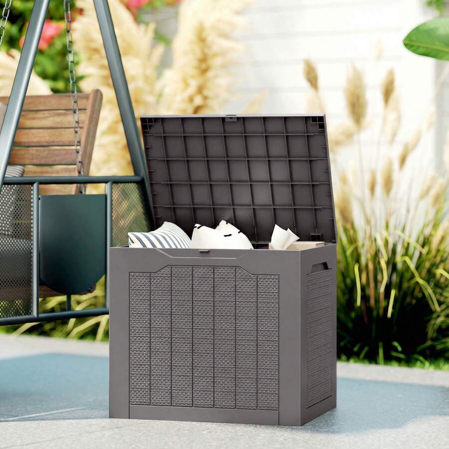 Outsunny 93L Plastic Garden Storage Box, Outdoor Storage Box With Handles, Waterproof Outdoor Storage Container For Garden Tools And Accessories, Brown - C - View 1