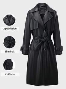 Women's Spring/Autumn PU Leather Long Jacket, Fashionable Lightweight Windbreaker With Adjustable Waist Belt - Versatile Commuter Coat - Black - View 1