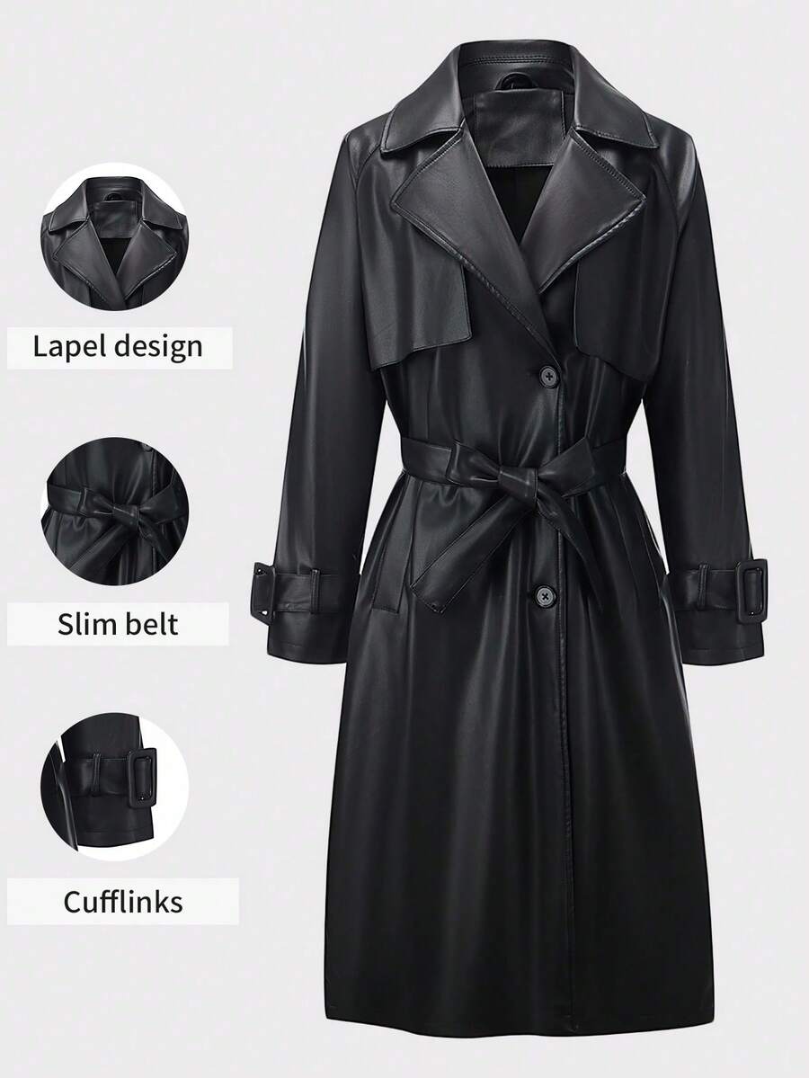 Women's Spring/Autumn PU Leather Long Jacket, Fashionable Lightweight Windbreaker With Adjustable Waist Belt - Versatile Commuter Coat - Black - View 1