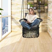 Silla colgante de macramé, hamaca de silla de estilo bohemio de cuerda de algodón con flecos, capacidad máxima de 350 libras para dormitorio, sala de estar, porche, balcón - Negro - Ver 3