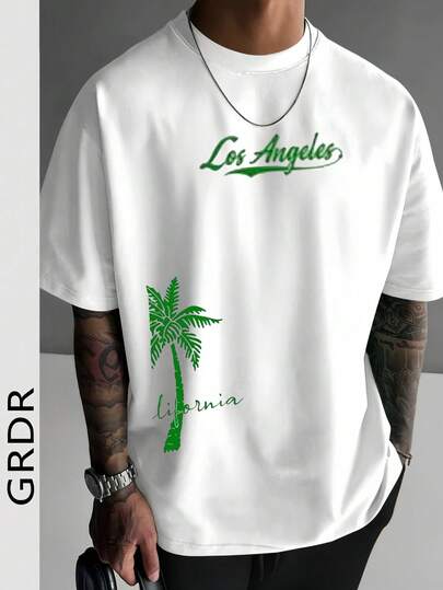 GRDR Men's Casual LA Palm Tree Slogan Printed Round Neck Short Sleeve T-Shirt, Comfortable & Fashionable For Summer