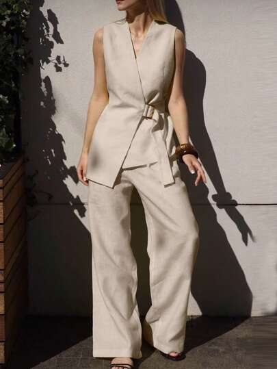 Elegante conjunto de 2 piezas, top sin mangas con cuello en V y cintura anudada, y pantalones anchos de pierna ancha con bolsillos, para primavera