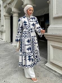 DAZY Vestido de manga larga con estampado geométrico, cuello con muesca, manga acampanada y ajuste holgado, con volantes, ropa de otoño, vestido de manga larga para vacaciones, atuendos para mujeres - Albaricoque - Ver 4