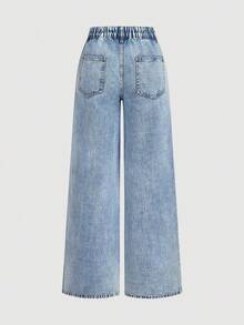 Teen Girl Pocketed Button Heart Embroidery Casual Versatile Daily Wear Wide Leg Jeans - Medium Wash - View 6