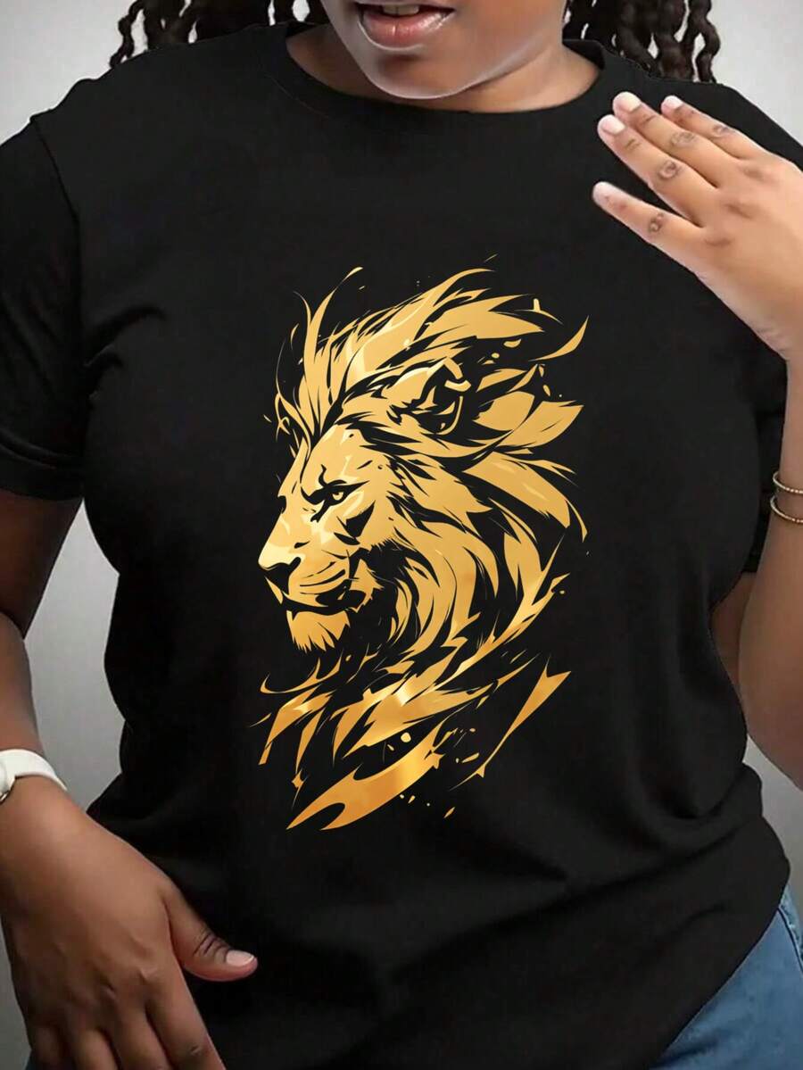 Golden Lion Head Side Profile Art Graphic T-Shirt For Women, Oversized Crewneck Tees Casual Wear, Spring Cotton Tops Short Sleeve, Summer Basic Tees, Funny Clothes For Women - 黑色 - 查看 1