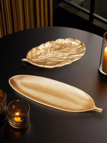 金箔菠萝羽毛造型木质托盘 - 多功能装饰托盘,适合家居和派对装饰,男女皆宜的圣诞礼物 - 金色 - 查看 3