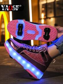 YAOSF 儿童及青少年轮滑鞋 - 升级版，稳定性更强，可拆卸两用运动鞋，街头酷炫轮滑鞋，户外运动夜光鞋，亲子鞋，新款直排轮滑鞋，带轮夜光鞋，夜间照明鞋 - 粉色 - 查看 2