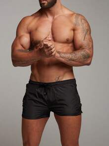 Summer Solid Color Drawstring Elastic Waist Black Short Inseam Quick Dry Men's Beach Shorts For World Cup Fans - 黑色 - 查看 3
