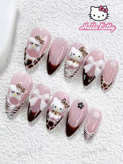 SANRIO 24 piezas Uñas postizas de gel 3D de estilo Y2K con puntas francesas de estampado de leopardo y rayas de cebra, con decoración de estampado de leopardo, estrellas, lazos y flores, en estilo rosa para niñas, set perfecto de uñas acrílicas falsas, que incluye 1 pegamento de gelatina y 1 lima de uñas, para uso diario, de fiesta y reuniones de mujeres y niñas