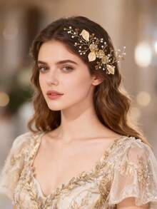 1pc Gold Tone Alloy Flower & Faux Pearl Elegant Lady Hair Comb, Bridal Wedding Headpiece - Gold - View 1