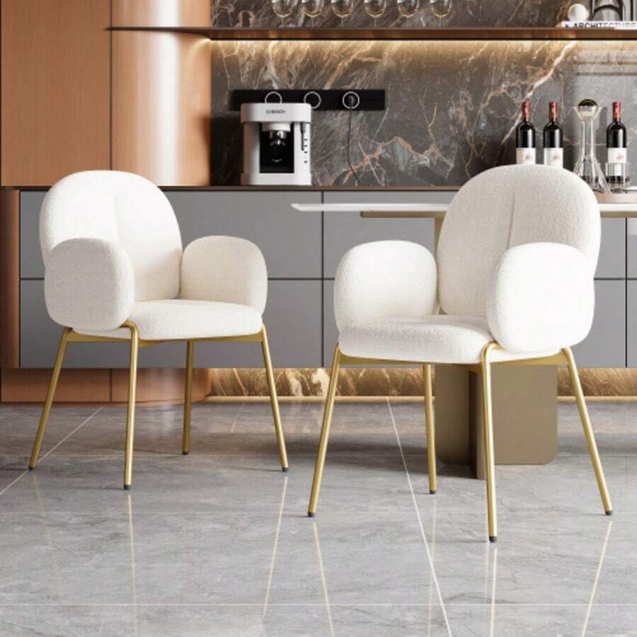 Dining Chairs, Armchairs, Dressing Table, Gold Legs, Teddy, Beige, Dimensions: W 55 * D 64.5 * H 88 Cm - Beige - View 1