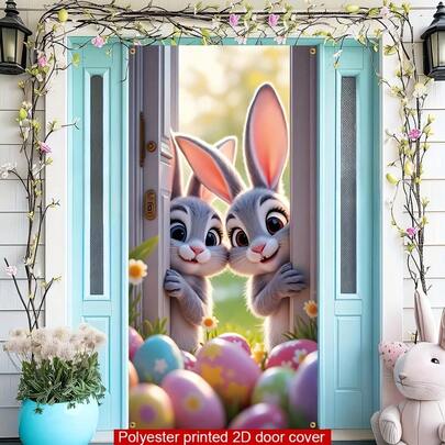 1 件复活节主题背景横幅，带有两只兔子和彩色彩蛋，家居和厨房装饰，墙壁和窗户悬挂装饰，派对嘉年华装饰贺卡板，采用耐用的涤纶材料制成，适合室内和室外使用。