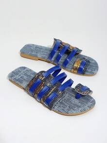 Dép xỏ ngón nữ mùa hè mới, chất liệu denim phối nhiều mảnh, đế bằng, mũi tròn đính đá, kiểu dáng thường ngày, đa năng cho mùa xuân/hè. - Màu xanh hải quân - Xem 6