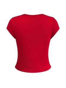 European & American Style Women's Summer New Design Single-Breasted Fitted Slim Shoulder T-Shirt, Casual Versatile Chic Blouse - Burgundy - View 3