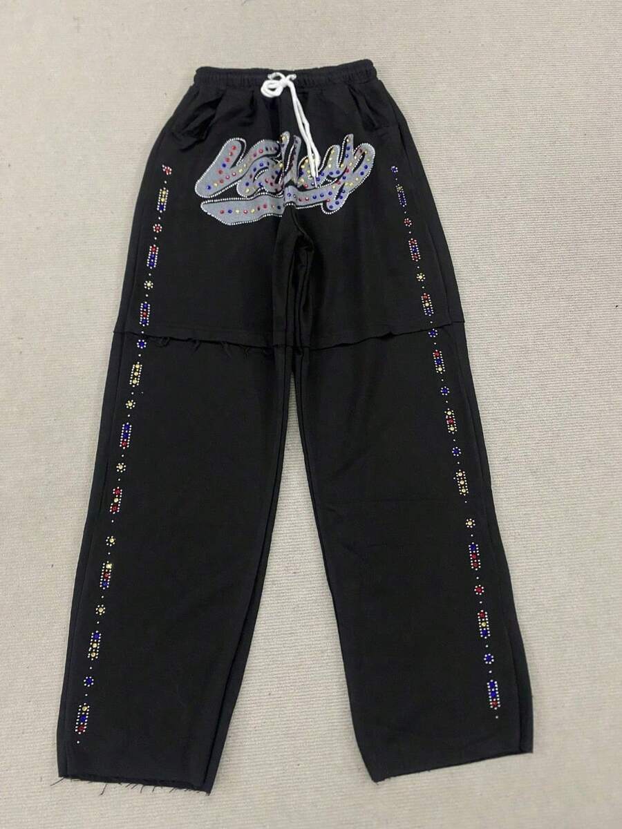 Retro Dark Design Sticker Embroidered Hoodie  Loose Casual Pants Men's And Women's Same Sweater - 黑色褲子 - 查看 1