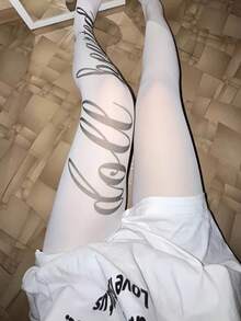 哥特风连裤袜夏季时尚性感连裤袜字母图案街头女袜Y2K角色扮演袜Emo女孩 - 白色 - 查看 7