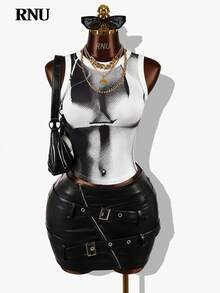 RNU 女士黑白3D人体印花露脐背心，无袖上衣，Y2K风格，性感派对装扮，夜店服饰，春夏新款，情人节约会，生日派对，泳装派对，毕业舞会，演唱会，女士度假，暑假 - 黑與白 - 查看 6