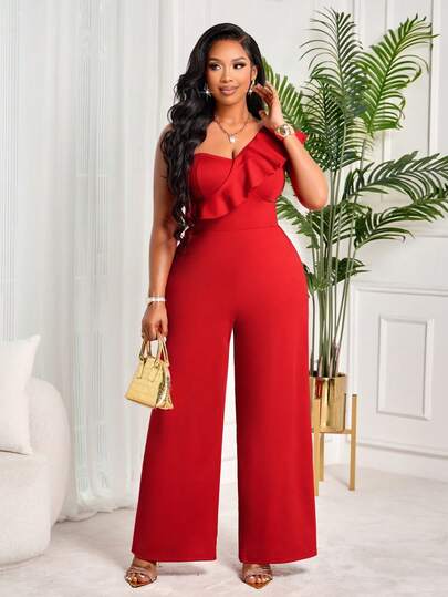 BIUBIU Plus Size Red One Shoulder Jumpsuit Ruffle Detail Sleeveless Long Knitted Fabric Medium Stretch Jumpsuit, Elegant Dress Women
