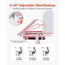 Kids Study Chair And Desk Set, Study Desk And Chair For Kids With Bookshelf & Storage Drawer, Adjustable Height & 0-40° Tilted Desktop Desk And Chair, Study Table For Bedroom & Study Room, Pink - Pink - 20.5 to 43.5 Inches - View 3