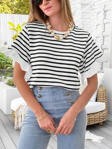 Women Striped Tops Ruffle Sleeve Casual Basic T Shirts Crewneck Short Sleeve Shirt Summer Outfits - 黑色 - 查看 1