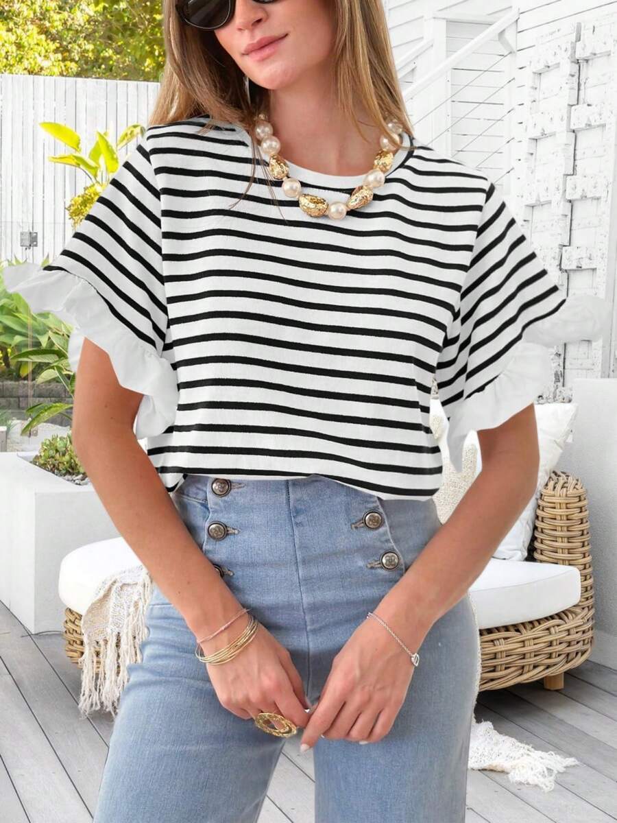Women Striped Tops Ruffle Sleeve Casual Basic T Shirts Crewneck Short Sleeve Shirt Summer Outfits - 黑色 - 查看 1
